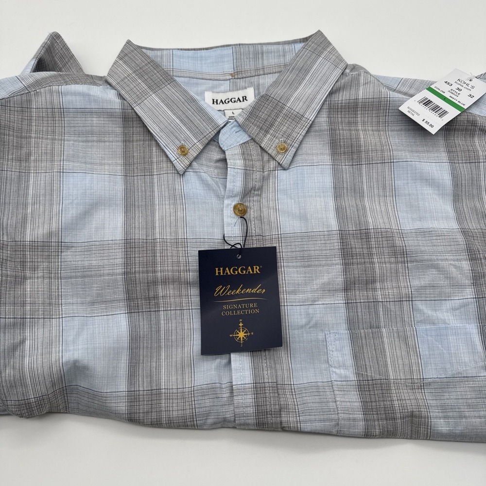 Haggar Weekender Signature Collection Button‎ Up Shirt Mens Large Blue Woven NEW